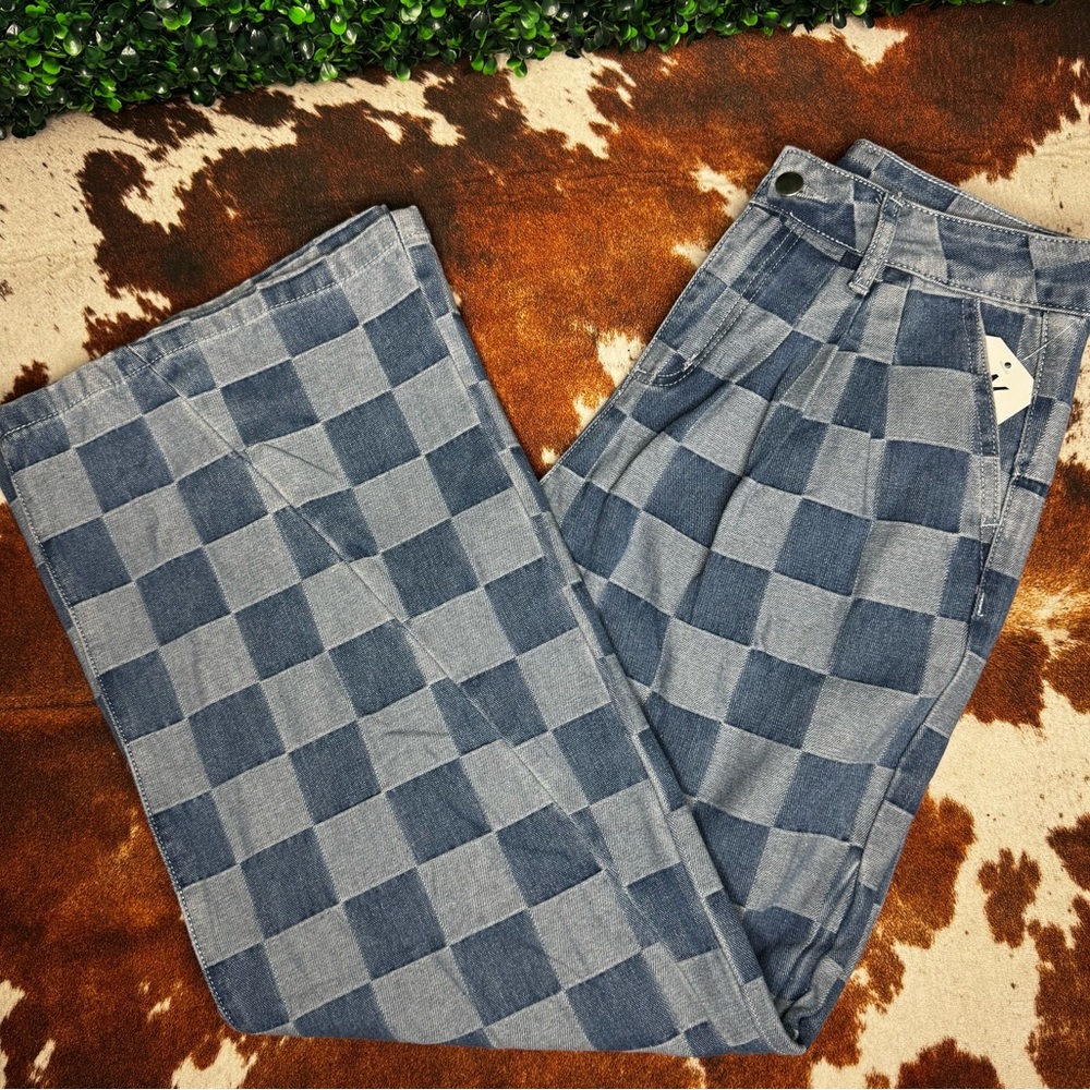 Checkerboard Denim Wide Leg Jeans - Blue
